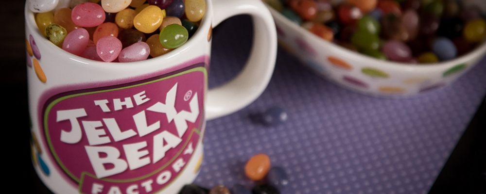 Mug and bowl of Jelly Bean Factory gourmet jelly beans