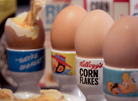Boiled eggs lined up in Kellogg's egg cups